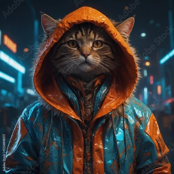 Fototapeta A highly detailed anime-style anthropomorphic cat, dressed in vibrant, futuristic streetwear. The cat is wearing a bright orange oversized hoodie with clean, futuristic symbols and abstract patterns (