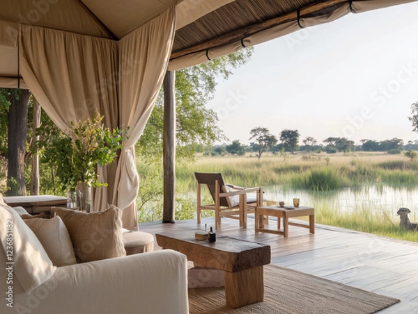 Obraz Large open space with a wooden table and chairs, and a couch with pillows