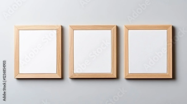 Fototapeta Three Empty Frames on a Light Gray Background for Artwork Display