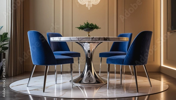 Fototapeta Large modern dining table in a trendy style, dining area in a studio apartment. Wooden table top, fabric blue chairs. 3D rendering.