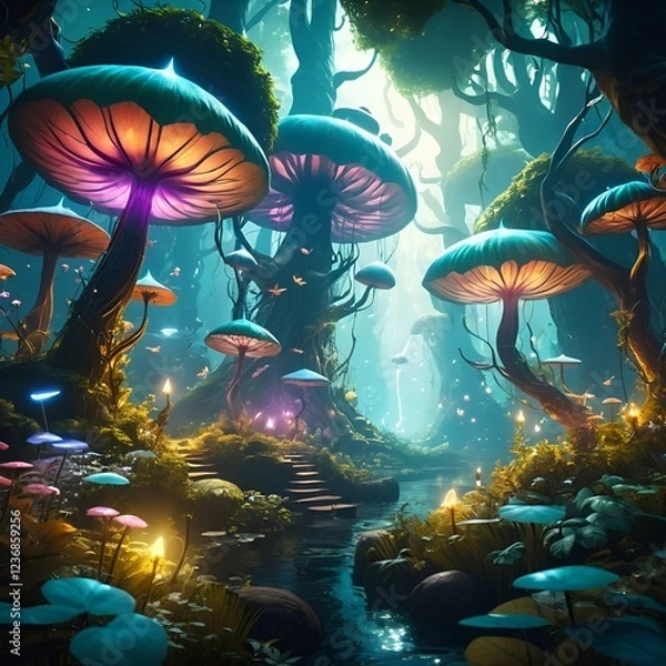 Fototapeta fantasy forest with glowing mushrooms and fairies