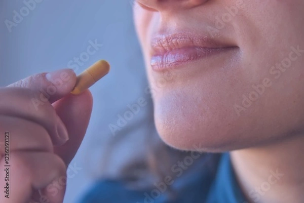Obraz Mujer tomando vitaminas, omega 3, magnesio entre otras