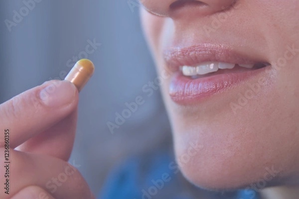 Obraz Mujer tomando vitaminas, omega 3, magnesio entre otras
