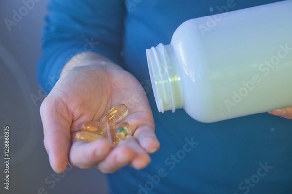 Obraz Hand taking vitamins, omega 3, magnesium