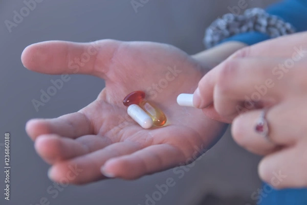 Obraz Hand taking vitamins, omega 3, magnesium