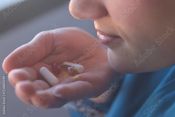 Obraz Mujer tomando vitaminas, omega 3, magnesio entre otras