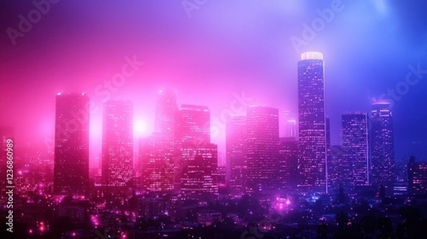 Fototapeta Dynamic nighttime city skyline with illuminated buildings urban environment vibrant energy los angeles
