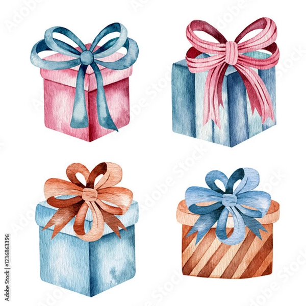 Fototapeta Set of watercolor illustrations. Hand drawn four gift boxes with colorful bows isolated on background. Design for postcards, stickers, invitations.