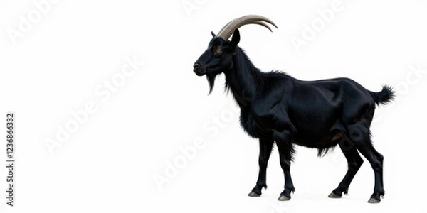 Fototapeta A majestic black goat with curved horns stands gracefully isolated on a white background, showcasing its powerful physique and elegant posture.