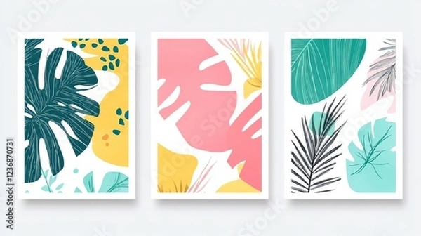 Fototapeta Set of three vibrant summer-themed posters  , featuring green and pink tones, abstract geometric pattern, and tropical leaves