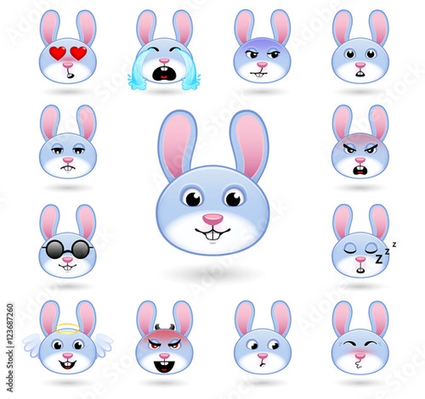 Fototapeta A set of emoticons. Rabbit or hare. Isolated vector illustration on white background. Colored icons