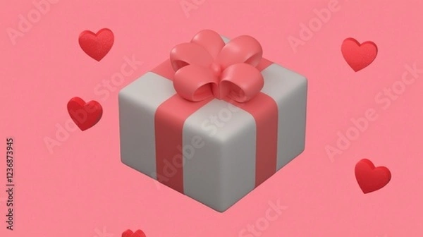 Fototapeta Valentine's Day 3D. A gift box with a pink ribbon and bow, surrounded by floating hearts, set against a soft pink background, perfect for celebrations.