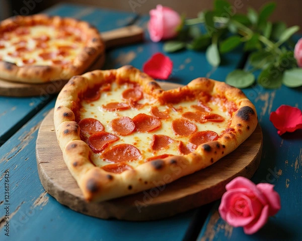 Obraz A single slice of heart-shaped pizza with cheese and pepperoni, placed on a wooden board with a romantic setting on blue wooden table, generative, AI,