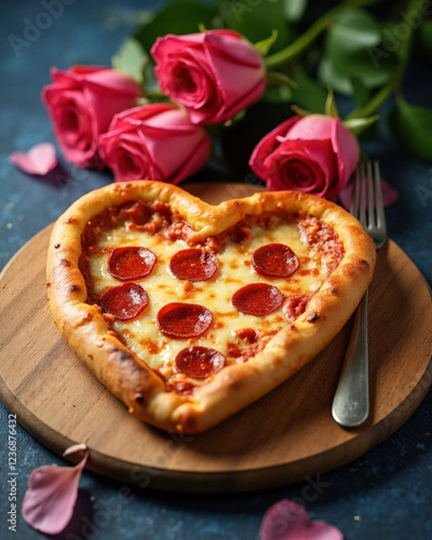 Obraz A single slice of heart-shaped pizza with cheese and pepperoni, placed on a wooden board with a romantic setting on blue wooden table, generative, AI,