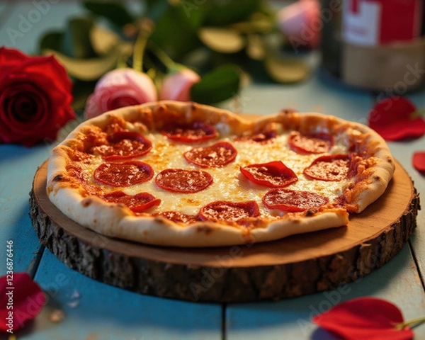 Obraz A single slice of heart-shaped pizza with cheese and pepperoni, placed on a wooden board with a romantic setting on blue wooden table, generative, AI,
