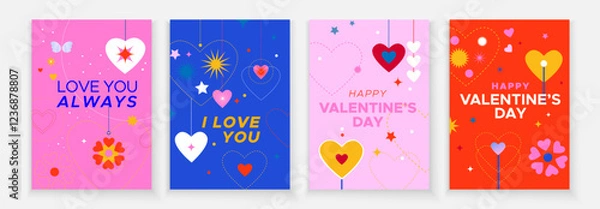 Fototapeta Happy Valentine's Day card set with a minimalistic design. Hearts and colored shapes on a colored background. Happy Valentine's Day greeting cards.	