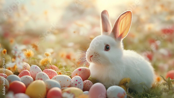 Fototapeta Adorable white rabbit with colorful Easter eggs in sunny meadow