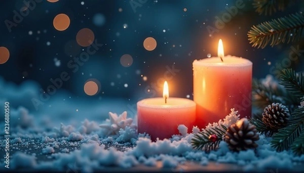 Fototapeta Candles and snowflakes create a whimsical winter wonderland, warm glow, candle light