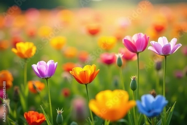 Fototapeta A field of brightly colored flowers swaying gently in the breeze, nature, , field