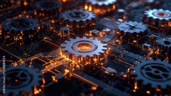 Obraz Interconnected gears and circuitry symbolizing synergy between technology and business processes
