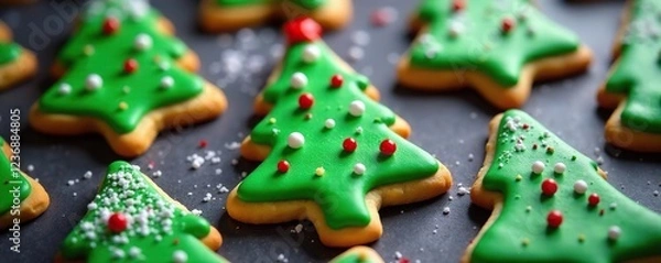 Fototapeta A Christmas tree shaped cookie decorated with green frosting and red berries, Christmas tree cookies, Baked goods, Sugar cookies