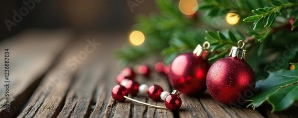 Fototapeta Glass beads strung with twine around a holly branch, rustic charm, Christmas ornaments