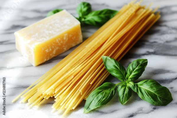 Fototapeta Classic Italian pasta setup with spaghetti, parmesan, and fresh basil on a marble countertop inviting culinary creativity