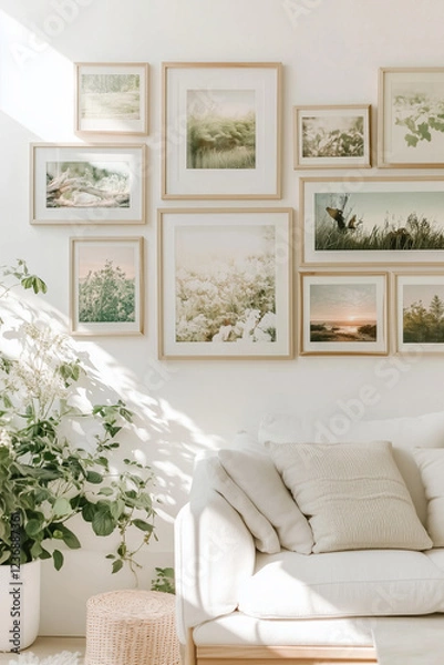 Fototapeta Stylish modern living room interior with many picture frames hanging on the wall above a sofa. Cozy living room arrangement with big window, soft blankets and pillows and house plants.
