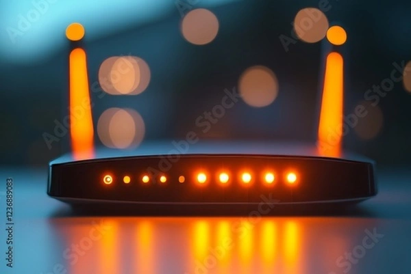 Fototapeta Sleek wi fi router with orange lights against a softly blurred background symbolizing connectivity
