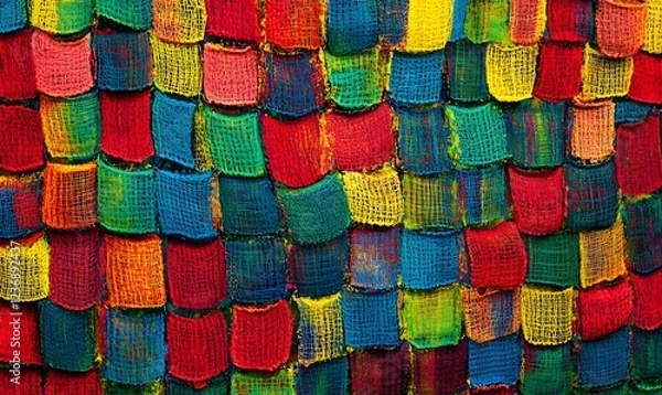 Fototapeta Colorful textile squares hanging, vibrant texture, art background, craft