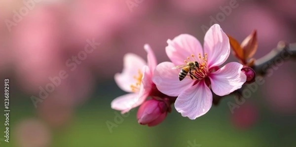Fototapeta A single pink cherry blossom on a branch with a tiny bee collecting pollen, garden, bee