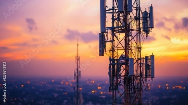 Obraz Telecommunication towers at sunset provide connection across city skyline