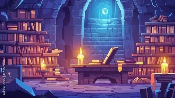 Fototapeta Whispers of Wisdom: An Enigmatic Study of Ancient Tomes Illuminated by Flickering Candlelight in a Forgotten Stone Library