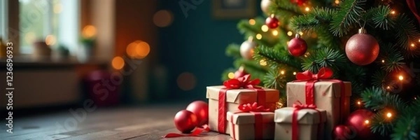 Obraz A festive Christmas tree with wrapped presents, ribbons, wrapped