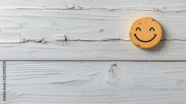 Obraz A cheerful smiley face magnet is placed on a rustic white wooden surface, radiating a delightful sense of happiness and positivity