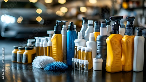 Fototapeta Car detailing products displayed in showroom.  Background blurred. Use advertising