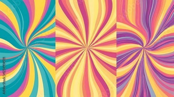 Fototapeta Retro twisted and distorted vector groovy hippie background set Waves, swirl, stripe, ray, and twirl pattern Vintage set backgrounds in trendy retro psychedelic Vector illustration