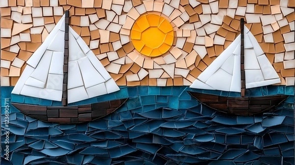 Obraz Mosaic artwork depicting two sailboats against a vibrant sun and ocean background in a coastal setting