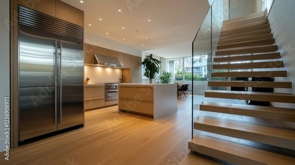 Obraz Modern Kitchen and Floating Staircase Interior Design