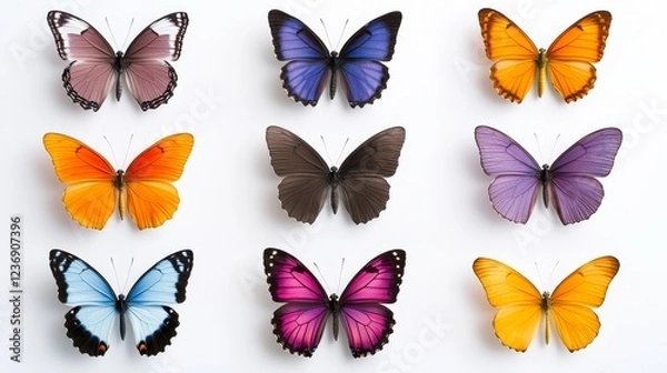 Fototapeta Colorful display of various butterfly species arranged in a grid on a white background, showcasing their unique patterns and colors, ideal for educational or decorative purposes