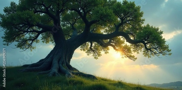 Fototapeta Ancient, gnarled branches stretch towards sky, Mysterious, Tree, Oak