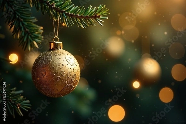 Obraz Delicate gold ornaments suspended from a branch, Festive, Holiday, Sparkling