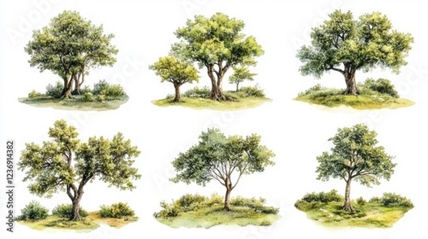 Fototapeta Collection of hand-drawn trees with lush green foliage on white background