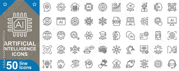Fototapeta Artificial intelligence icons set. Featuring machine learning, neural networks, robotics, automation, and technology symbols and more Use. High quality vector illustration.