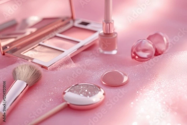 Fototapeta a pink background with makeup products