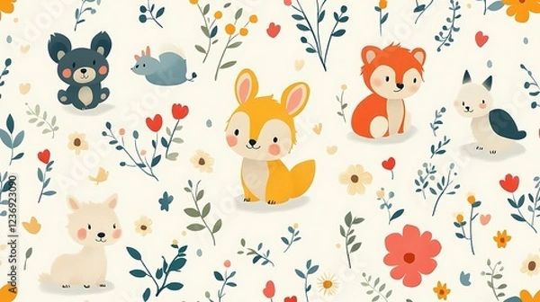 Fototapeta Adorable animal illustration with floral background.