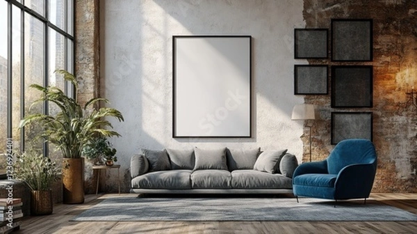 Fototapeta Modern industrial living room with cozy sofa and elegant blue armchair in sunlit space