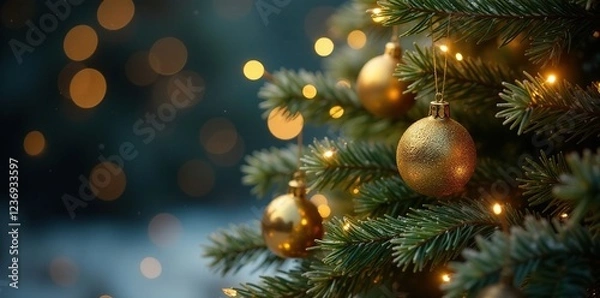 Fototapeta Sparkling gold decorations draped around the branches of a Christmas tree, gold, decorations, frosty