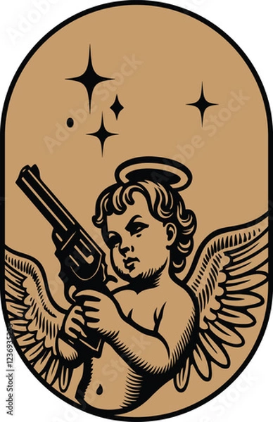 Fototapeta Cute baby angel cherub with a revolver in his hands. hat sticker transparent background vector with a twisted trunk and lush foliage, symbolizing art sketch engraving ink poster black illustration