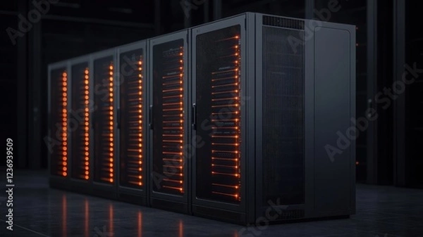 Fototapeta Modern Server Rack with Bright LED Lights in Dark Data Center